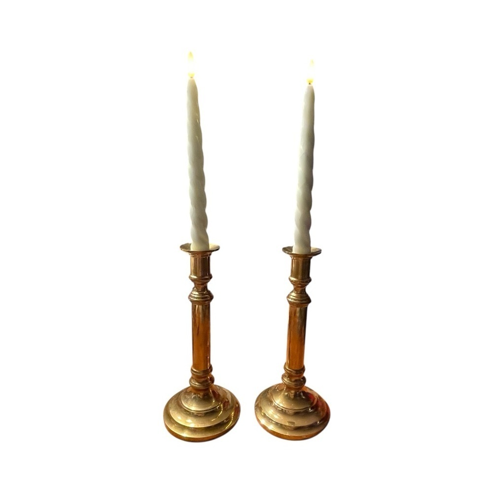 Vtg Brass Candlestick Holders Pair Fluted Column Round Step Base Heavy MCM 10" - Picture 3 of 8